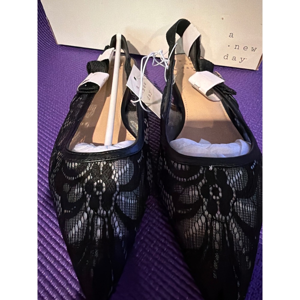 A New Day London Flats Black Lace Mesh Pointed Toe Slingback Shoes Womens 8 NEW - Picture 2 of 6